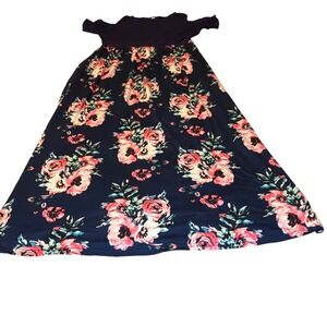 Kancystone Women Size L Navy Blue Floral Cold Shoulder Empire Waist Maxi Dress